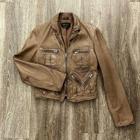 EUC BCBGMaxAzria Brown Leather Moto Jacket sz Small Distressed Zip Pocket Style - Picture 5 of 9